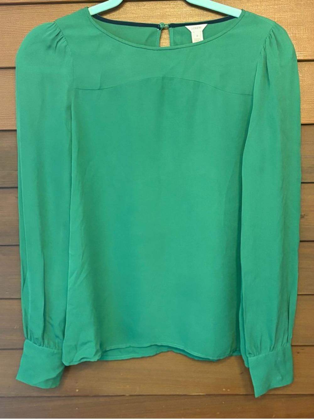 J Crew Blouse Top Long Sleeve emerald Green 100% Silk Sz 0